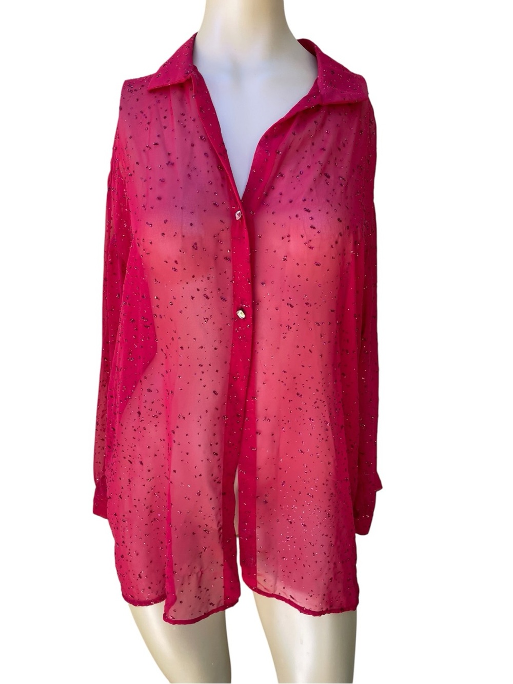 Fuchsia Pink Dazzling Glitter Embellished Sheer Blouse Sz Small